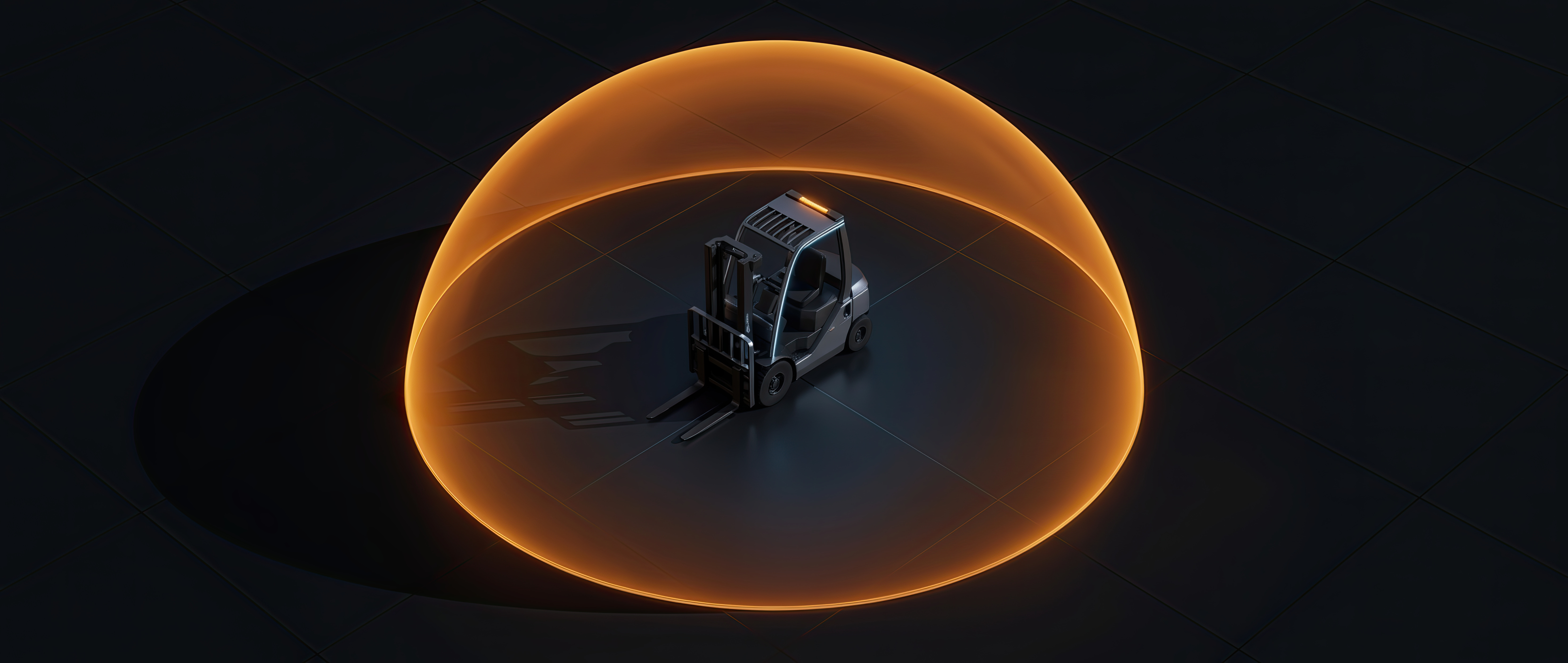Forklift surrounded by 360° safety detection bubble